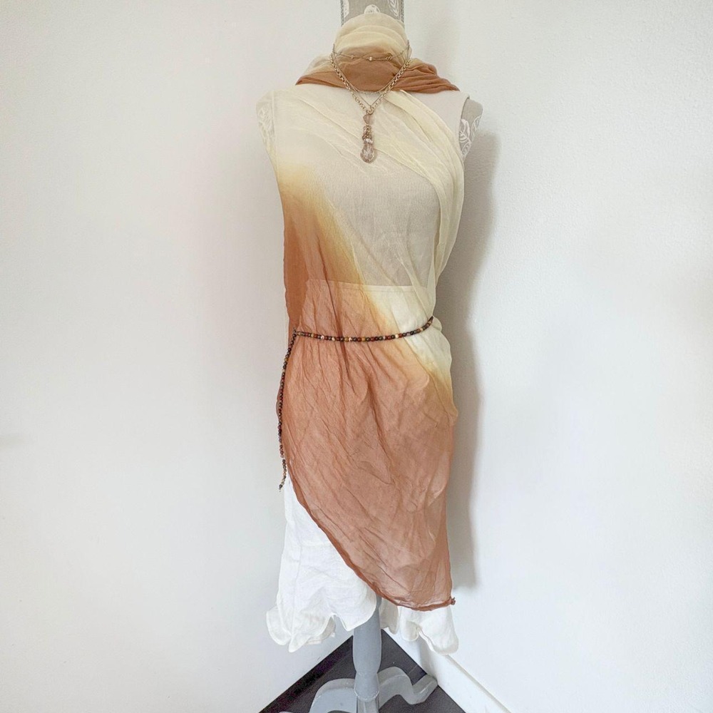 Long Ombre Scarf, Cream to Terracotta Brown, Sheer Lightweight, 90"